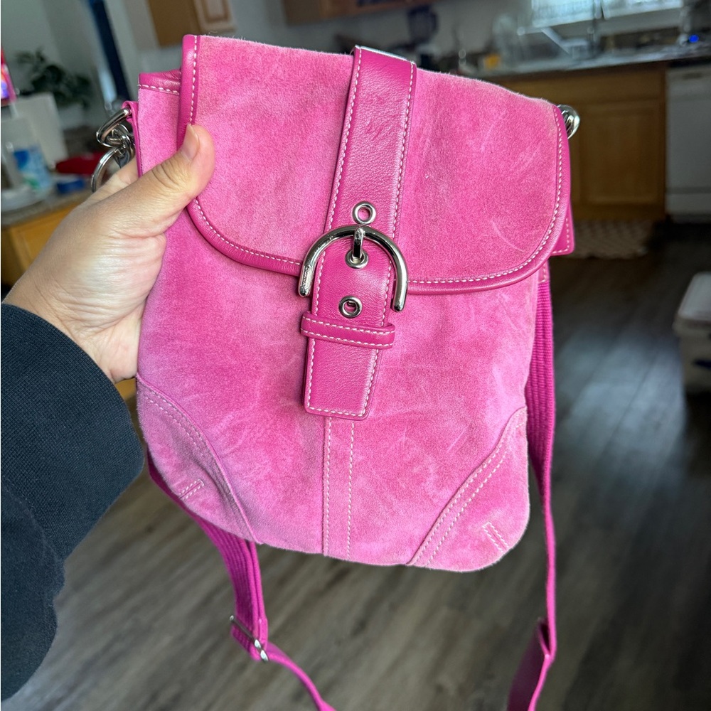 Coach Pink Suede Crossbody Bag with keychain